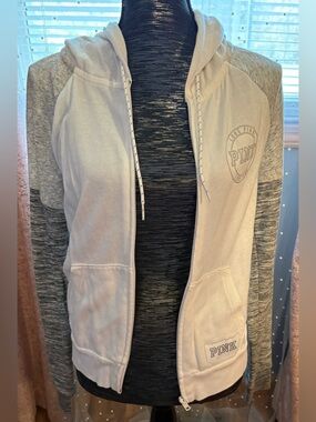 PINK Victoria's Secret White and Gray Zip-Up Hoodie